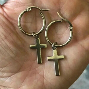 Men’s Cross on Hoop Stainless Steel Earrings NWT